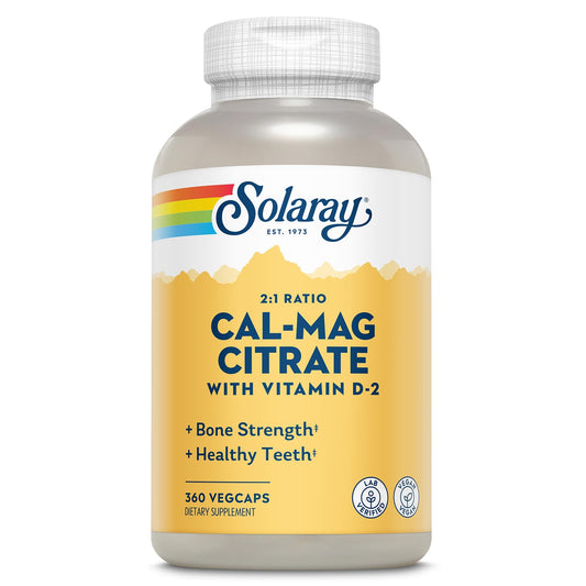 SOLARAY calcium magnesium citrate bottle shows the 2:1 ratio for balanced bone support.