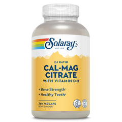 SOLARAY calcium magnesium citrate bottle shows the 2:1 ratio for balanced bone support.