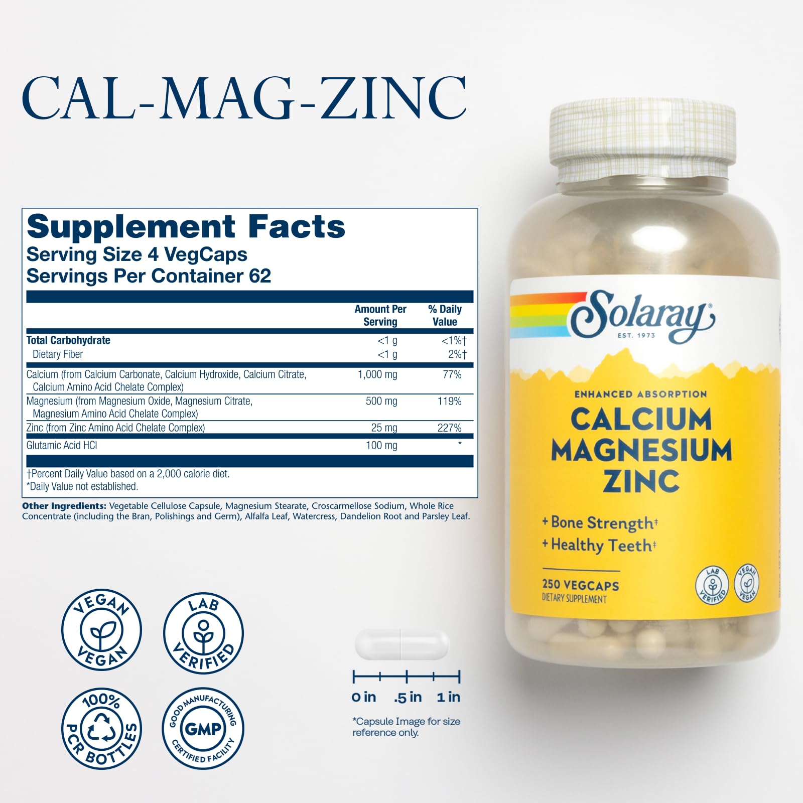 SOLARAY Calcium Magnesium Zinc tablets close-up emphasizes mineral balance for bone health
