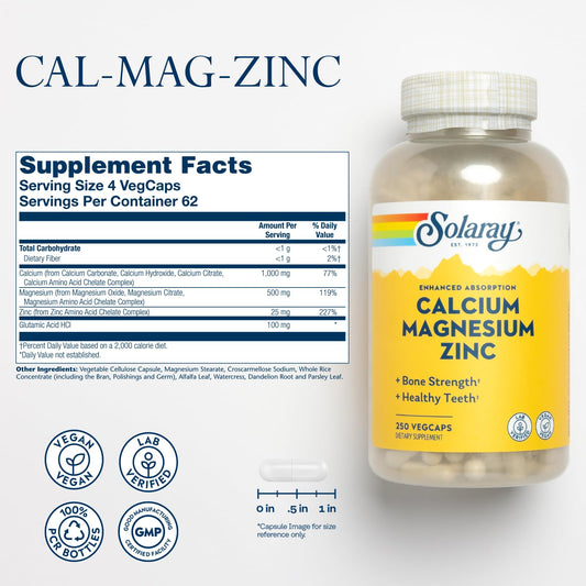 SOLARAY Calcium Magnesium Zinc tablets close-up emphasizes mineral balance for bone health