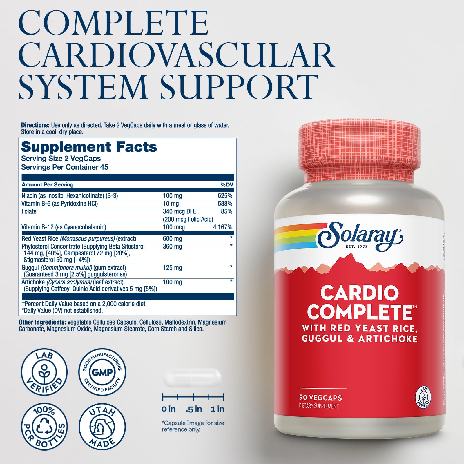 SOLARAY Cardio Complete label closeup, highlighting Red Yeast Rice and other heart-friendly ingredients