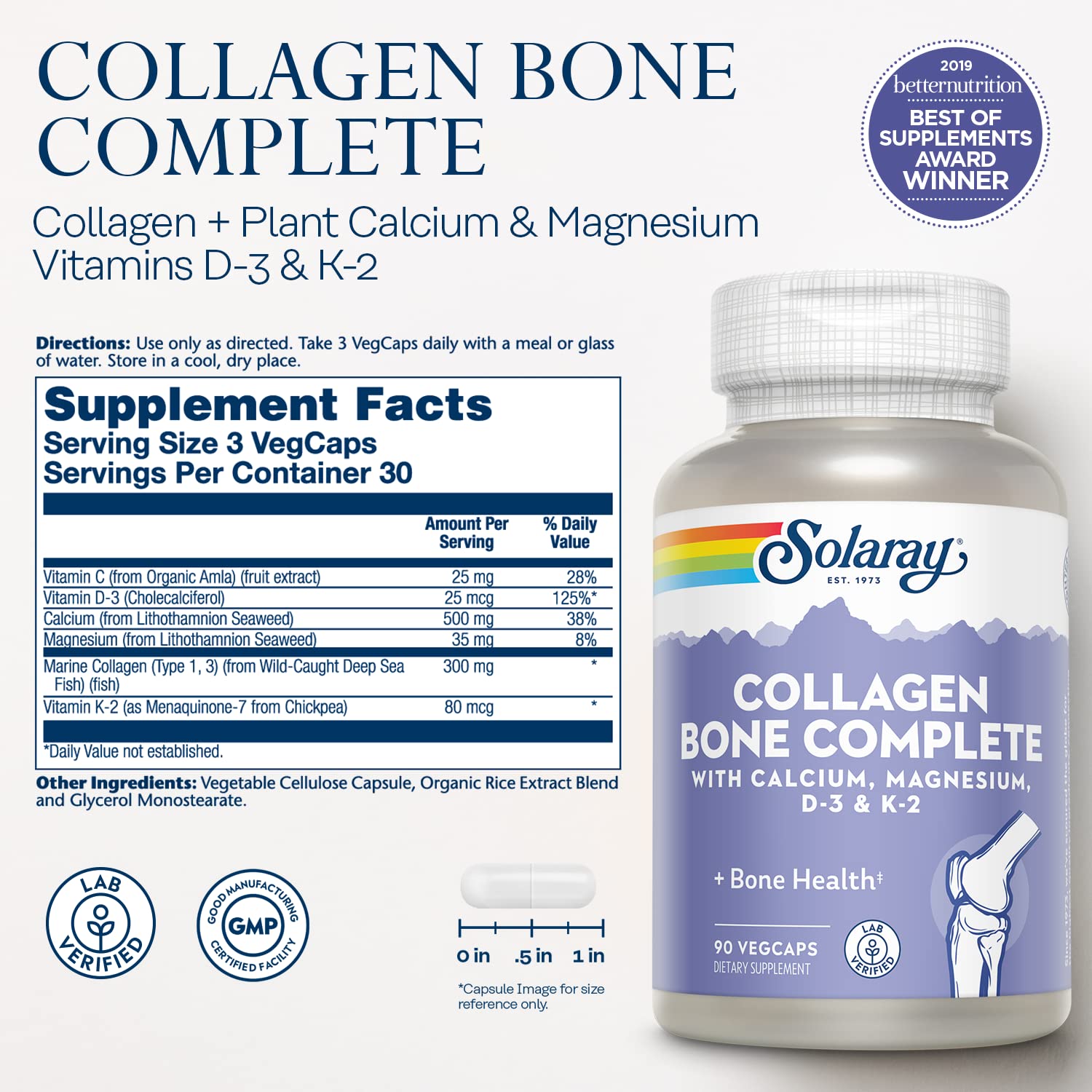 SOLARAY Collagen Bone Complete bottle pouring capsules for daily intake.