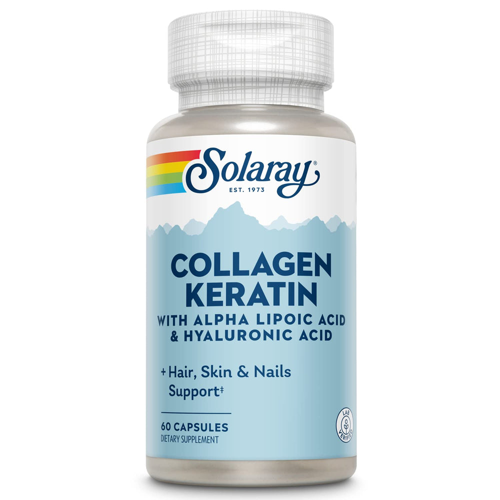 SOLARAY Collagen Keratin bottle illustrates a daily beauty and joint support routine