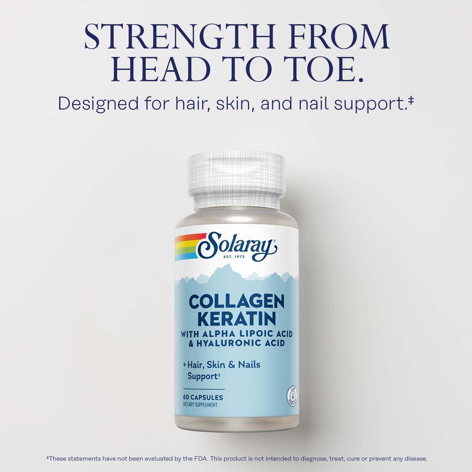 SOLARAY Collagen Keratin ingredients table presents Type I, II, III collagen and nutrients