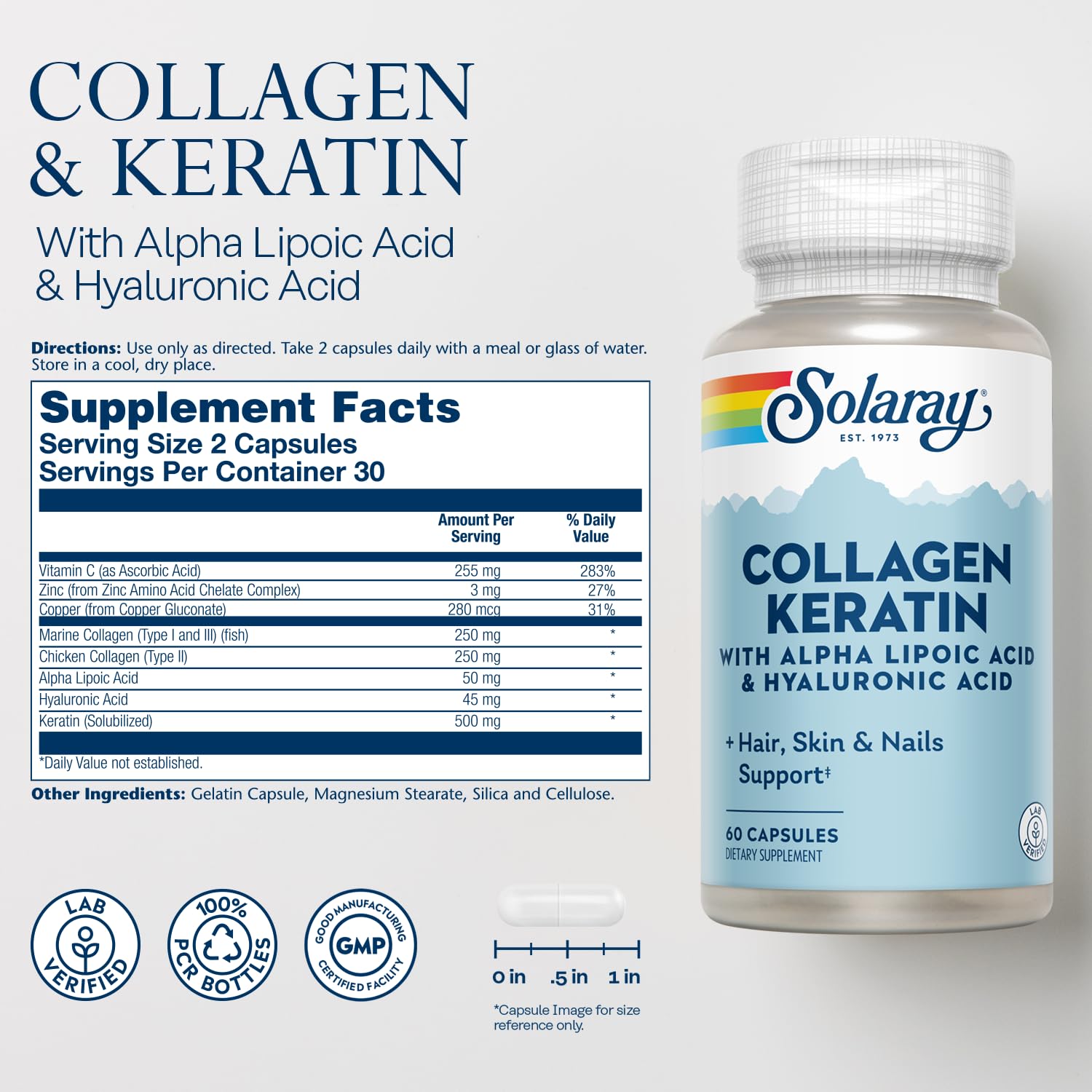 SOLARAY Collagen Keratin label preview shows key nutrients for collagen synthesis