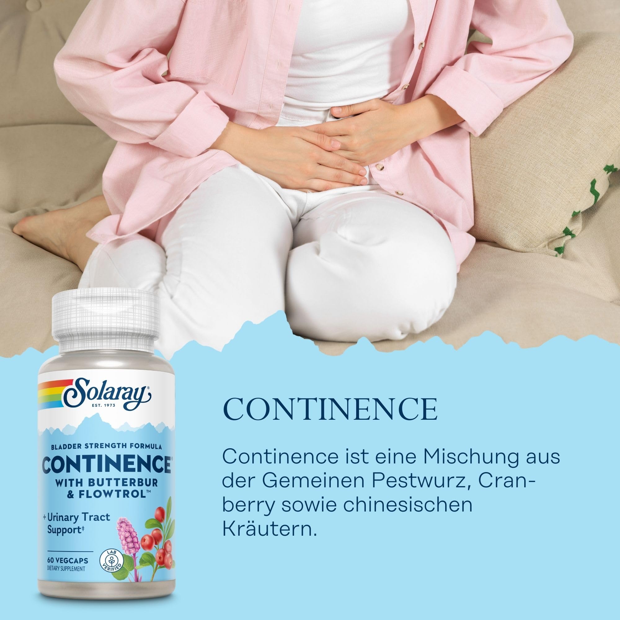 Solaray Continence Flowtrol carton displayed for convenient daily use