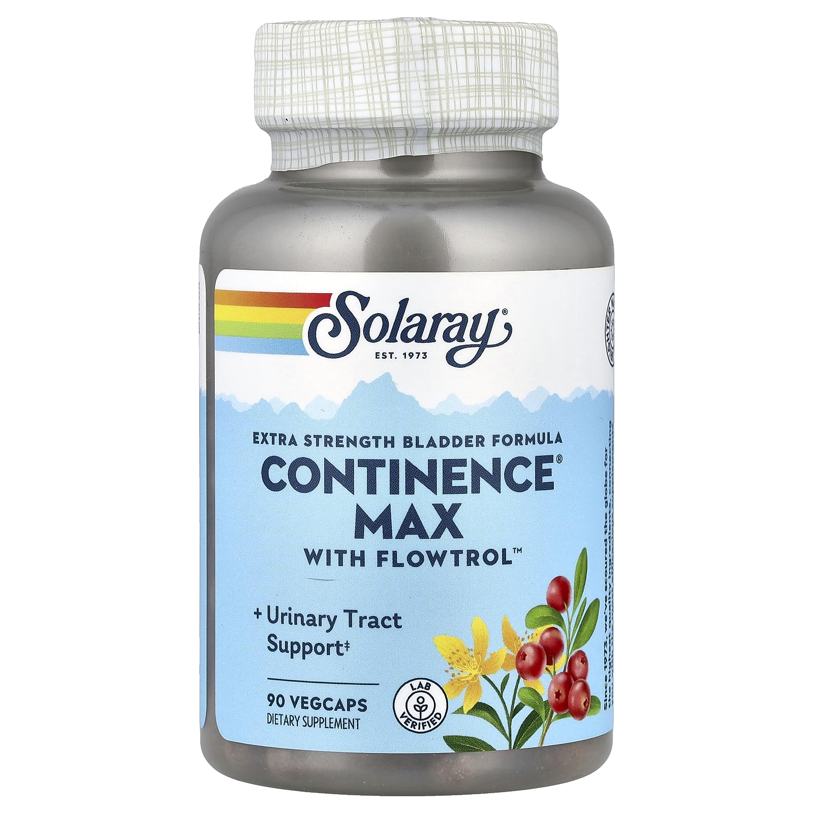 SOLARAY Continence Max Flowtrol bottle shows premium VCaps for easy daily dosing.