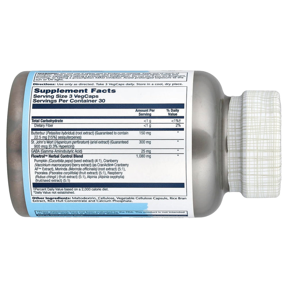 SOLARAY Continence Max Flowtrol capsules laid out for a simple daily routine.