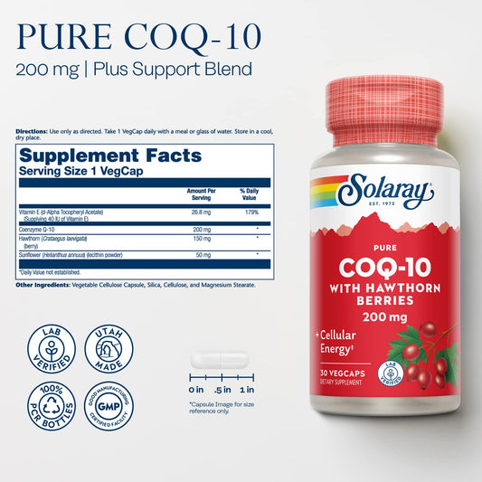 SOLARAY CoQ-10 200 mg capsules on a clean tray for energy support.