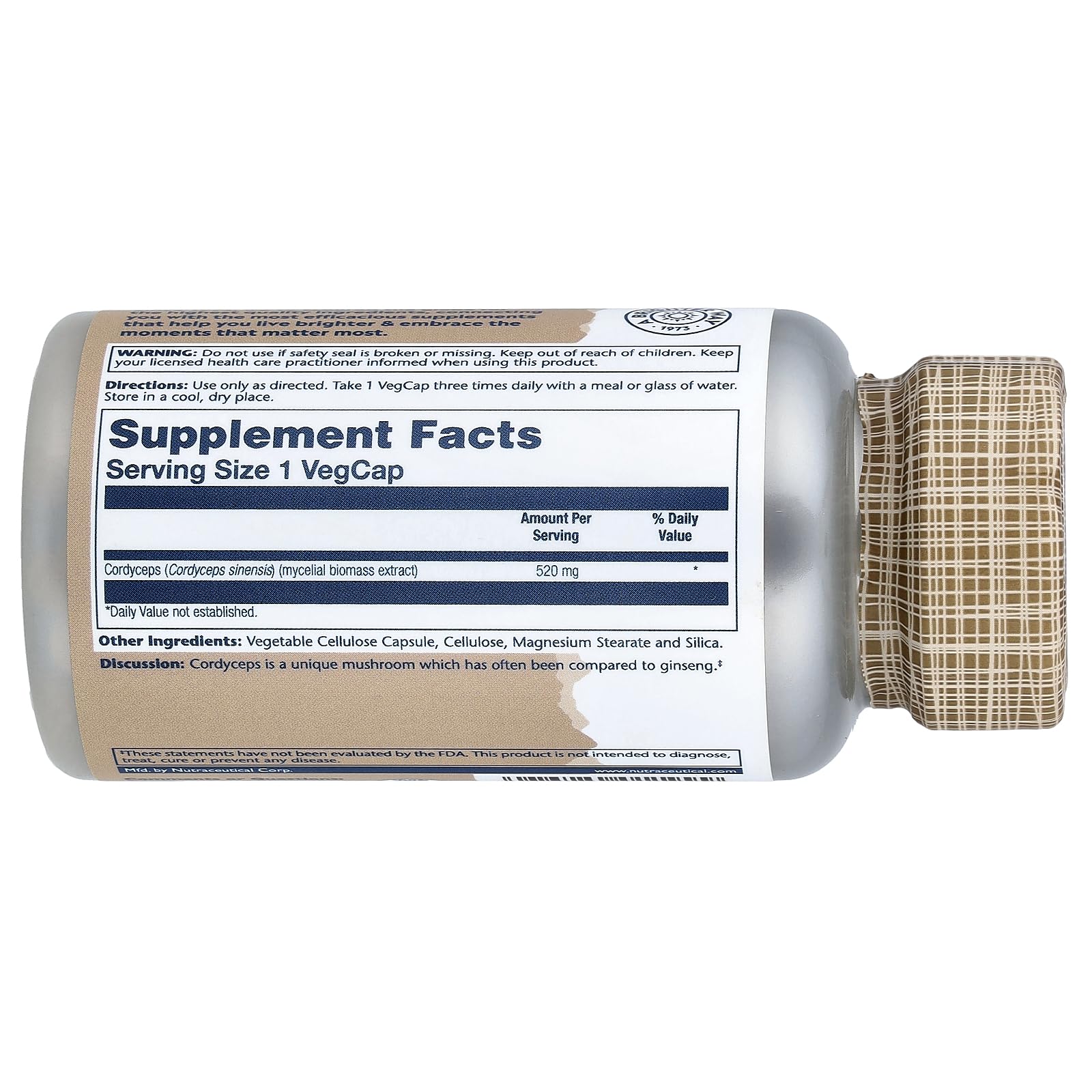 SOLARAY Cordyceps bottle back label displays tested quality and ingredients