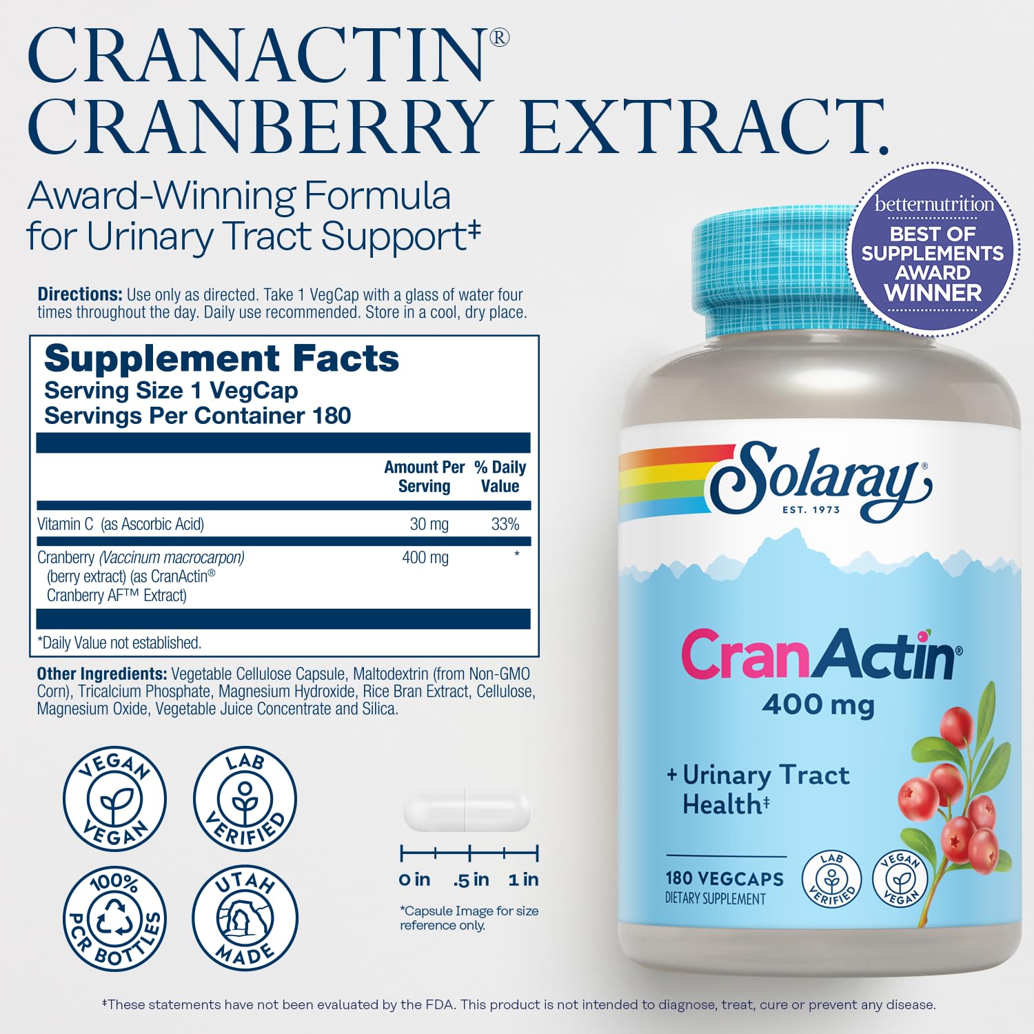 Solaray Cranactin capsules pour shows 400 mg cranberry extract for daily use.