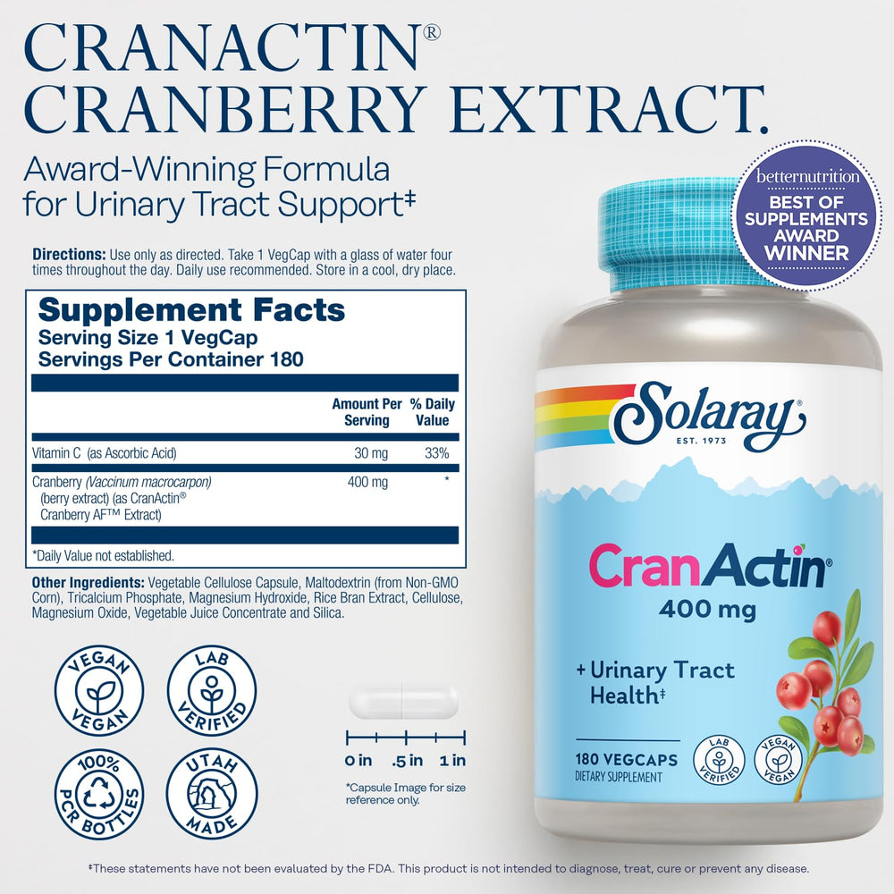 Solaray Cranactin capsules pour shows 400 mg cranberry extract for daily use.