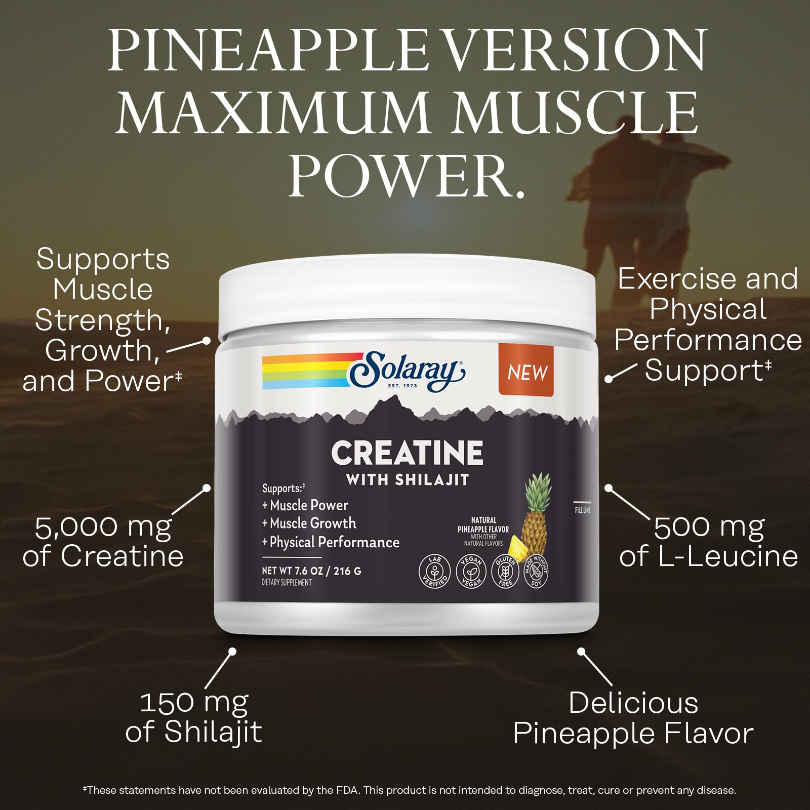 SOLARAY Creatine with Shilajit mixed drink emphasizes pineapple flavor and hydration potential.