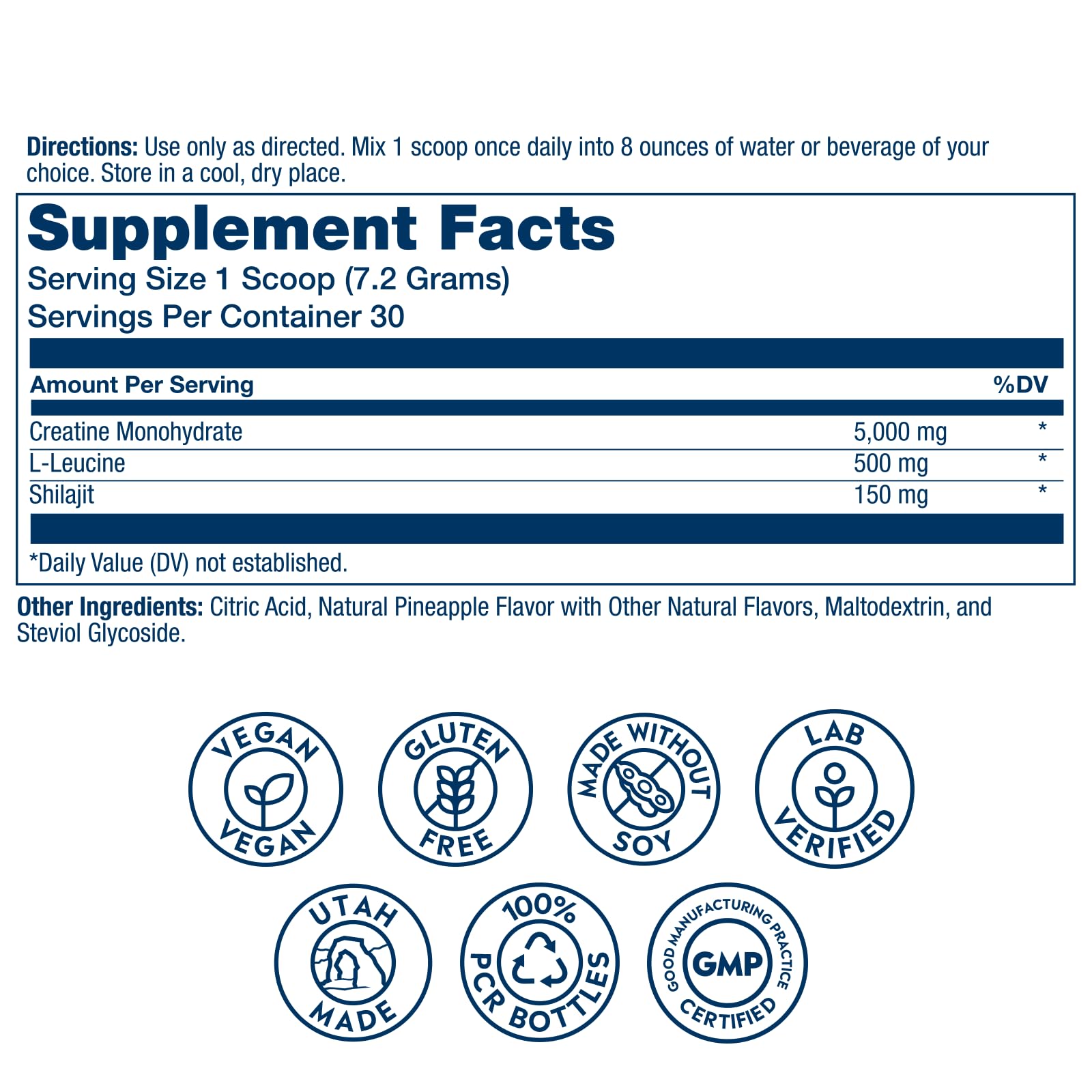 SOLARAY Creatine with Shilajit powder scoop shows easy daily dosing for strength support.