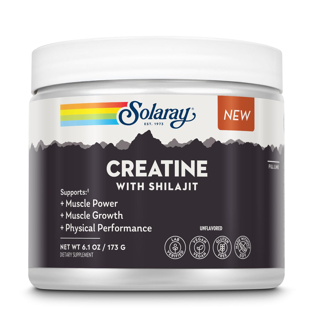 SOLARAY creatine with shilajit unflavored powder bottle ready for workouts.