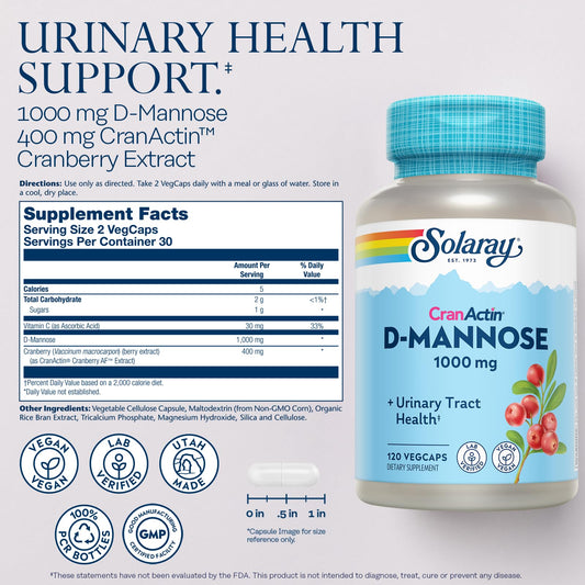 SOLARAY D-Mannose capsules closeup shows easy daily dosage for urinary health