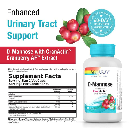 SOLARAY D-Mannose CranActin capsules close-up for easy daily intake.