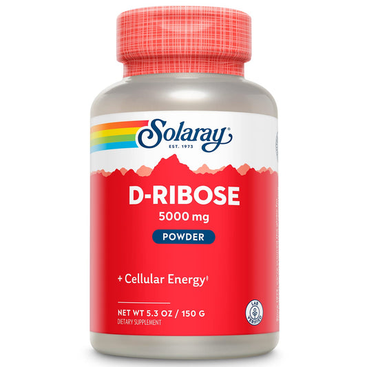 Solaray D-Ribose powder label close-up highlighting potency and purity.