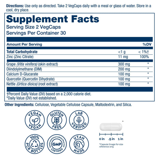 SOLARAY DIM capsules close-up highlighting zinc and quercetin for immune support.