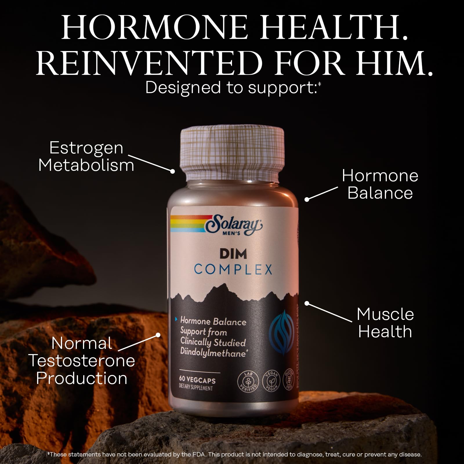 SOLARAY DIM for Men label close-up displays vegan, gluten-free formula.