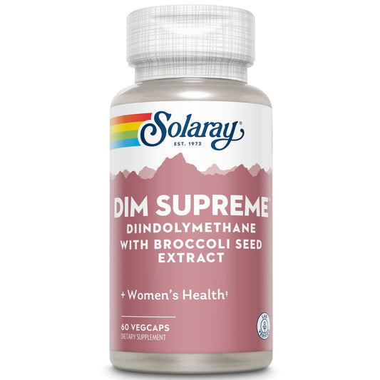 SOLARAY DIM Supreme bottle front showcases 100 mg DIM for midlife support.
