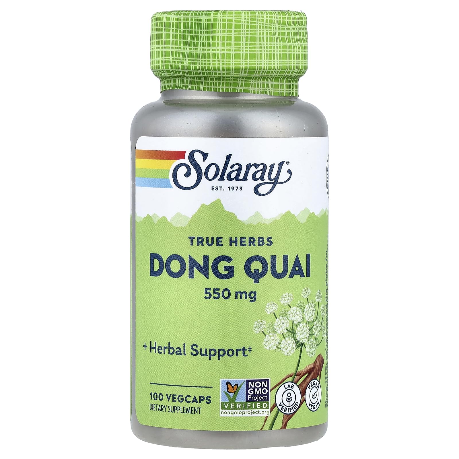 SOLARAY Dong Quai Root 550mg bottle label highlights whole-root formula for cycle support.
