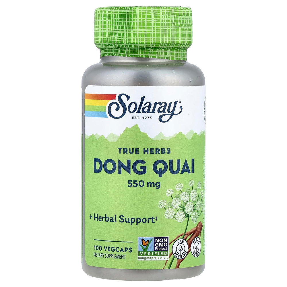 SOLARAY Dong Quai Root 550mg bottle label highlights whole-root formula for cycle support.
