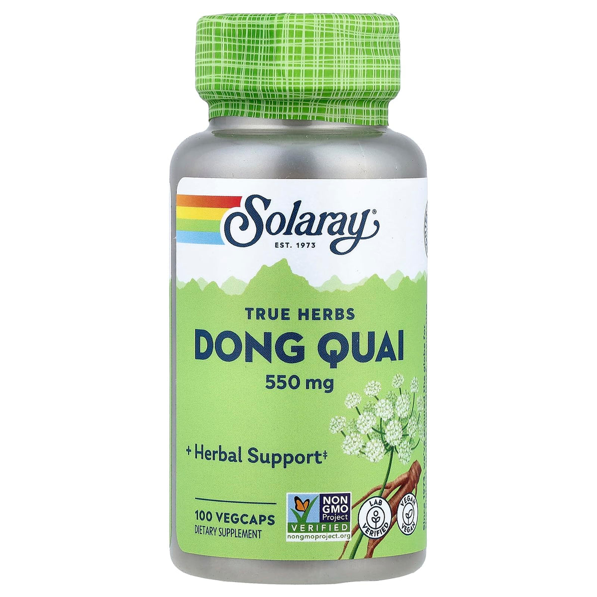 SOLARAY Dong Quai Root 550mg bottle label highlights whole-root formula for cycle support.