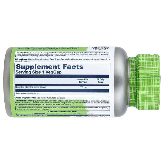 SOLARAY Dong Quai Root 550mg capsules close-up emphasizing vegan formula for cycle comfort.