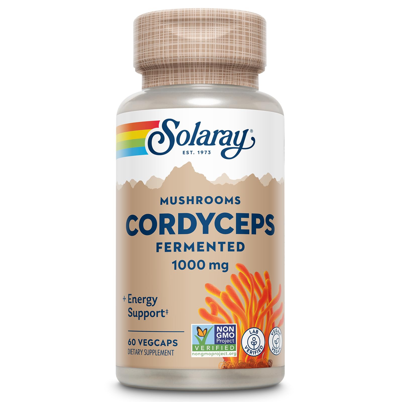 SOLARAY fermented cordyceps bottle with 1000 mg capsules for clean energy support.