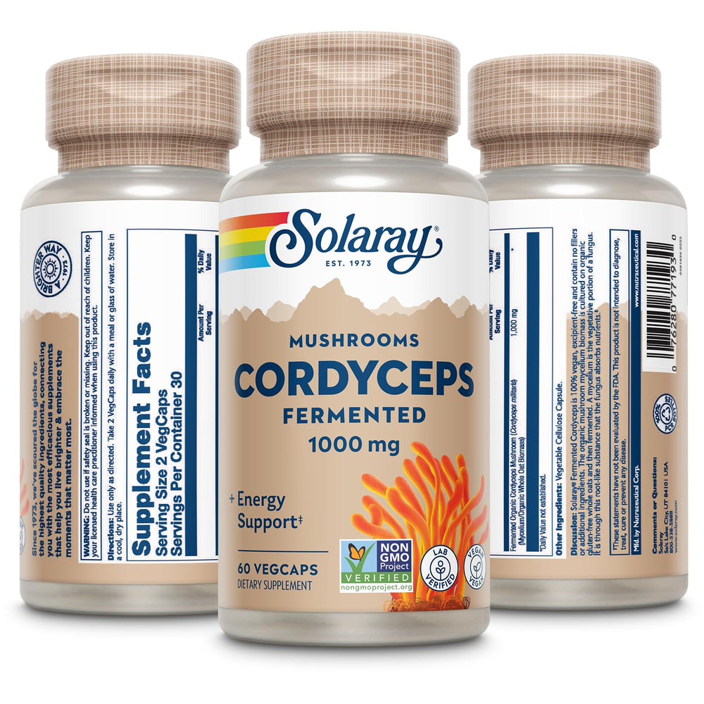 SOLARAY fermented mushroom powder in a bowl suggests enhanced absorption.