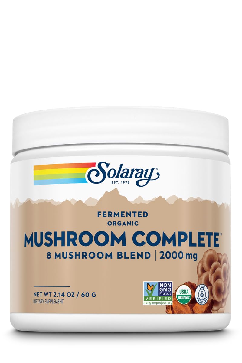 SOLARAY Fermented Organic Mushroom Complete powder bottle showing 8 mushroom blend for daily wellness
