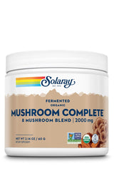 SOLARAY Fermented Organic Mushroom Complete powder bottle showing 8 mushroom blend for daily wellness