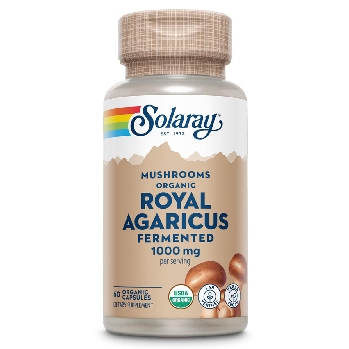 SOLARAY Fermented Royal Agaricus mushroom bottle shows lab-verified, vegan supplement.
