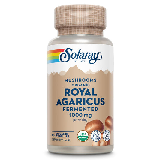 SOLARAY Fermented Royal Agaricus mushroom bottle shows lab-verified, vegan supplement.