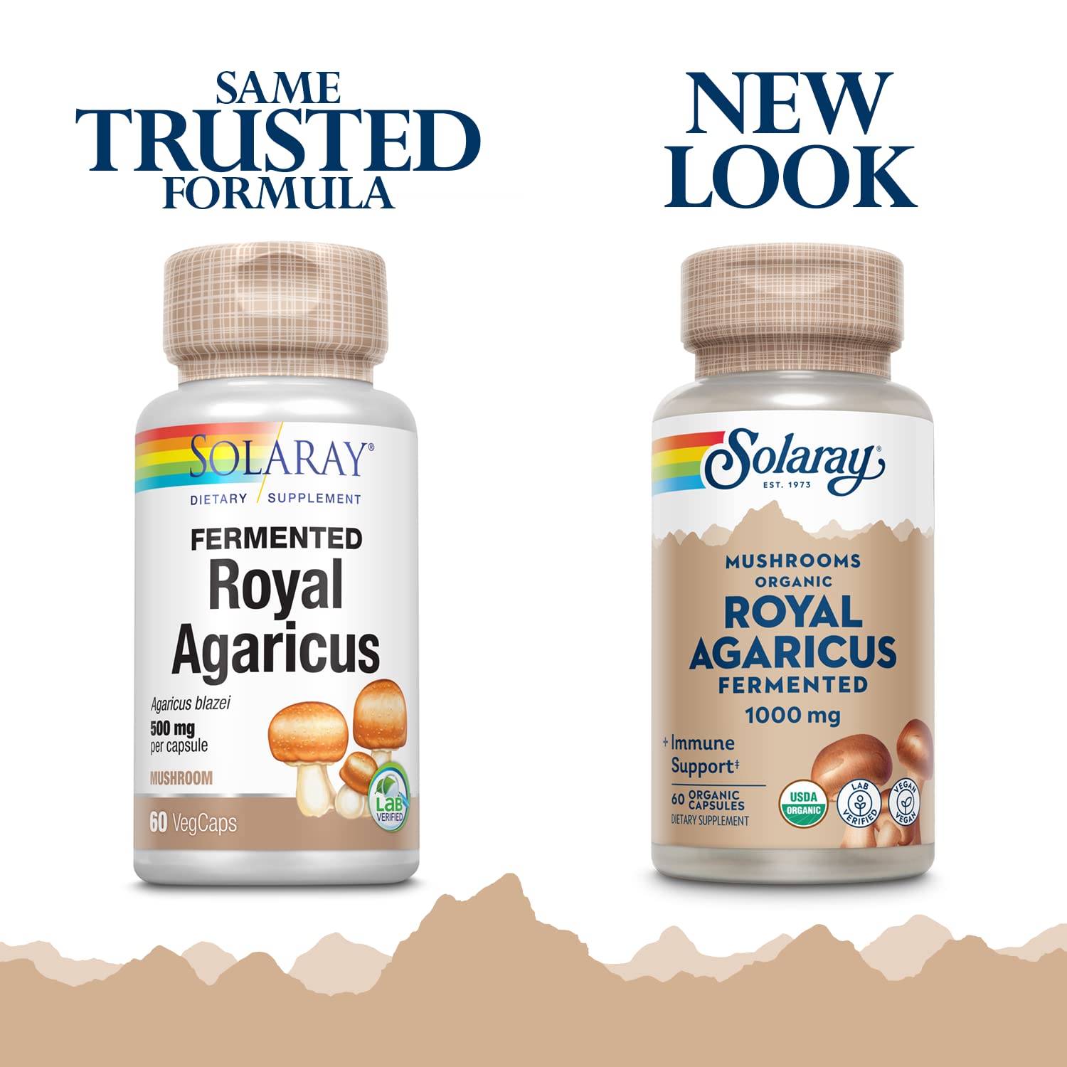 SOLARAY fungus capsules close-up highlights 500 mg per capsule in vegan form.