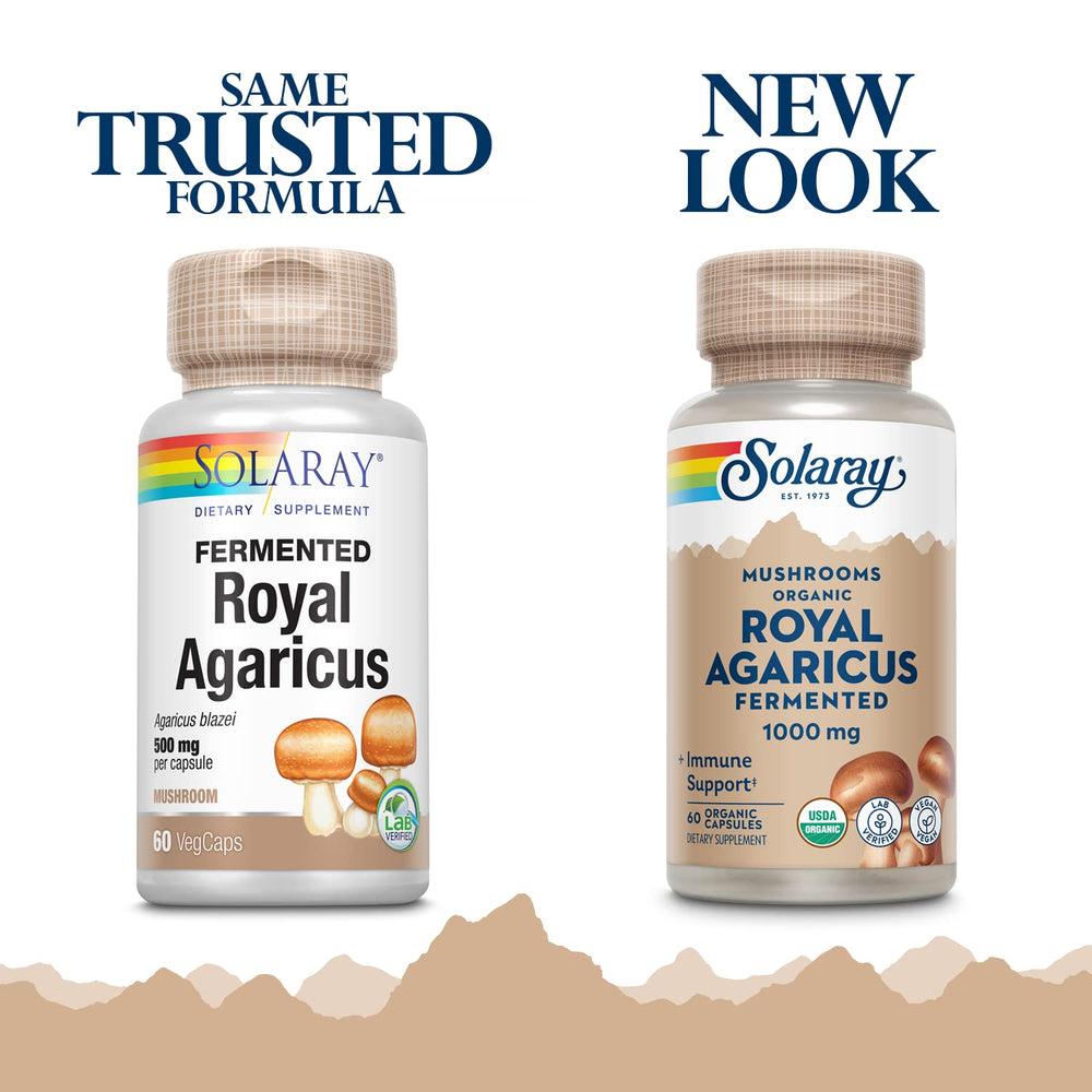 SOLARAY fungus capsules close-up highlights 500 mg per capsule in vegan form.