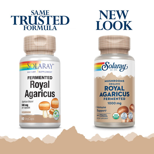 SOLARAY fungus capsules close-up highlights 500 mg per capsule in vegan form.