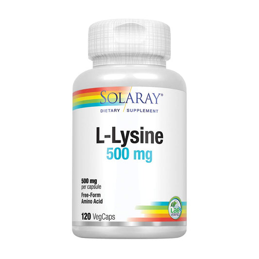SOLARAY Free-Form L-Lysine 500mg bottle label, ideal for daily supplement routines.
