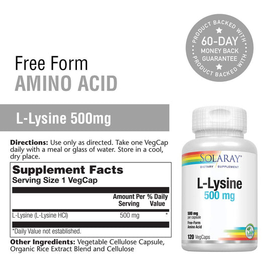 SOLARAY Free-Form L-Lysine 500mg capsules close-up, convenient daily capsules.