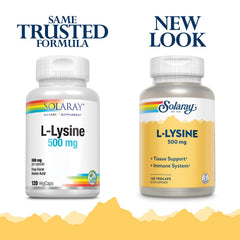 SOLARAY Free-Form L-Lysine 500mg bottle on shelf supports daily use.