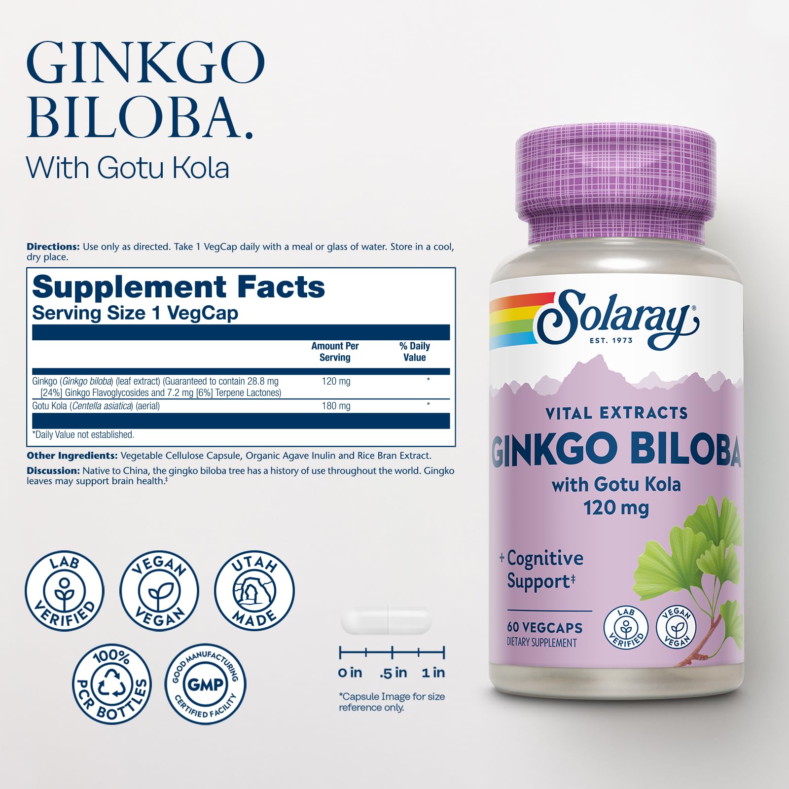 SOLARAY Ginkgo Biloba with Gotu Kola label highlights Gotu Kola benefits.