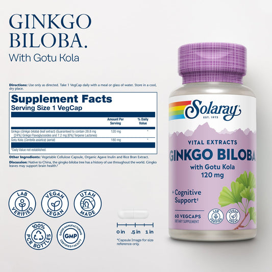 SOLARAY Ginkgo Biloba with Gotu Kola label highlights Gotu Kola benefits.