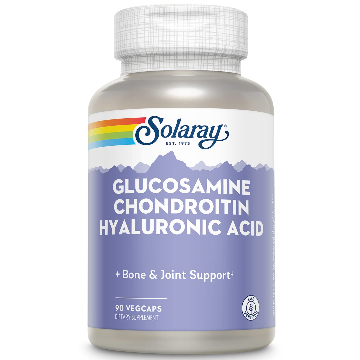 SOLARAY glucosamine chondroitin hyaluronic acid capsules in bottle support joint mobility.