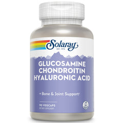 SOLARAY glucosamine chondroitin hyaluronic acid capsules in bottle support joint mobility.
