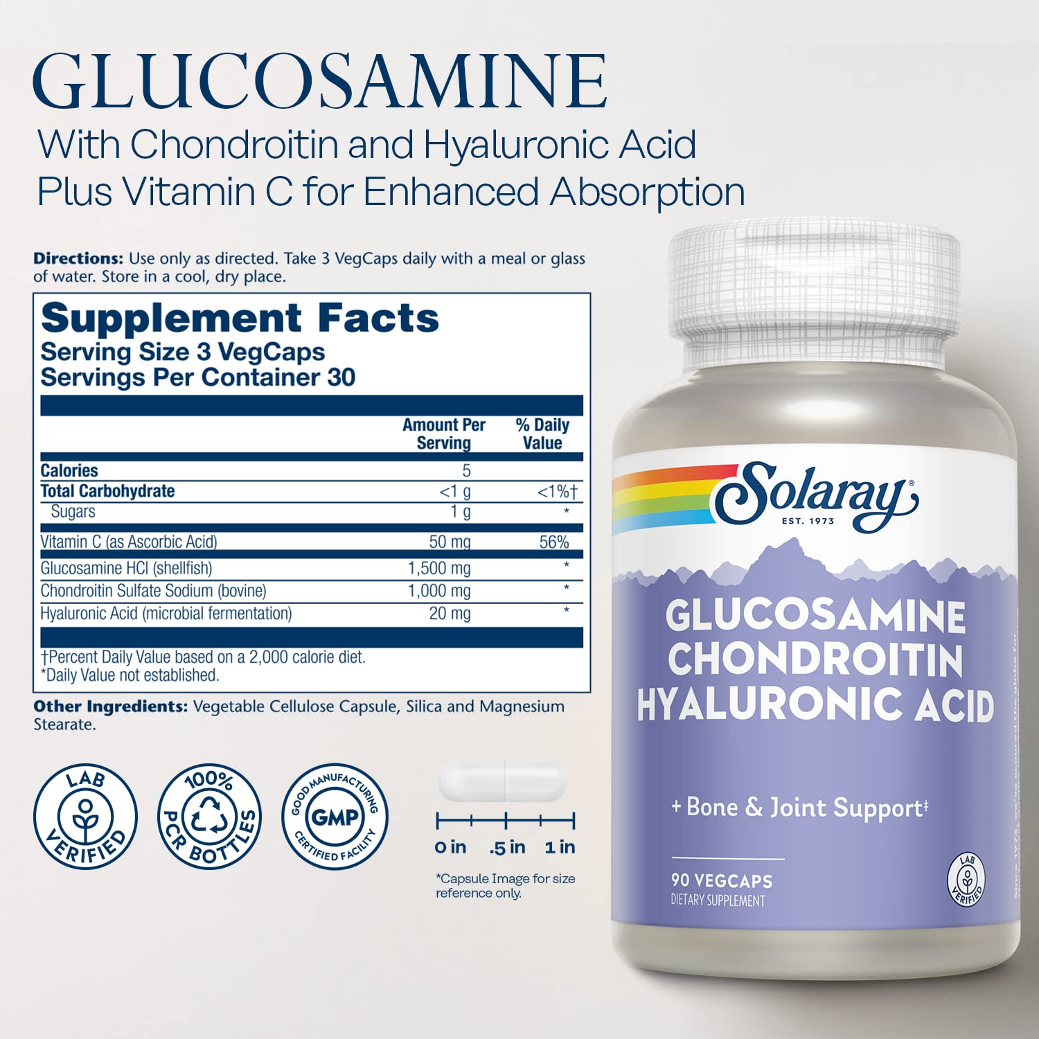SOLARAY glucosamine chondroitin hyaluronic acid capsules closeup show easy-to-swallow design.