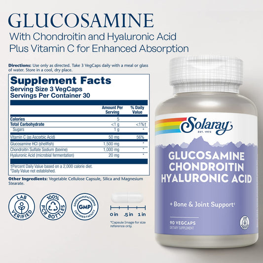 SOLARAY glucosamine chondroitin hyaluronic acid capsules closeup show easy-to-swallow design.