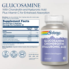 SOLARAY glucosamine chondroitin hyaluronic acid capsules closeup show easy-to-swallow design.