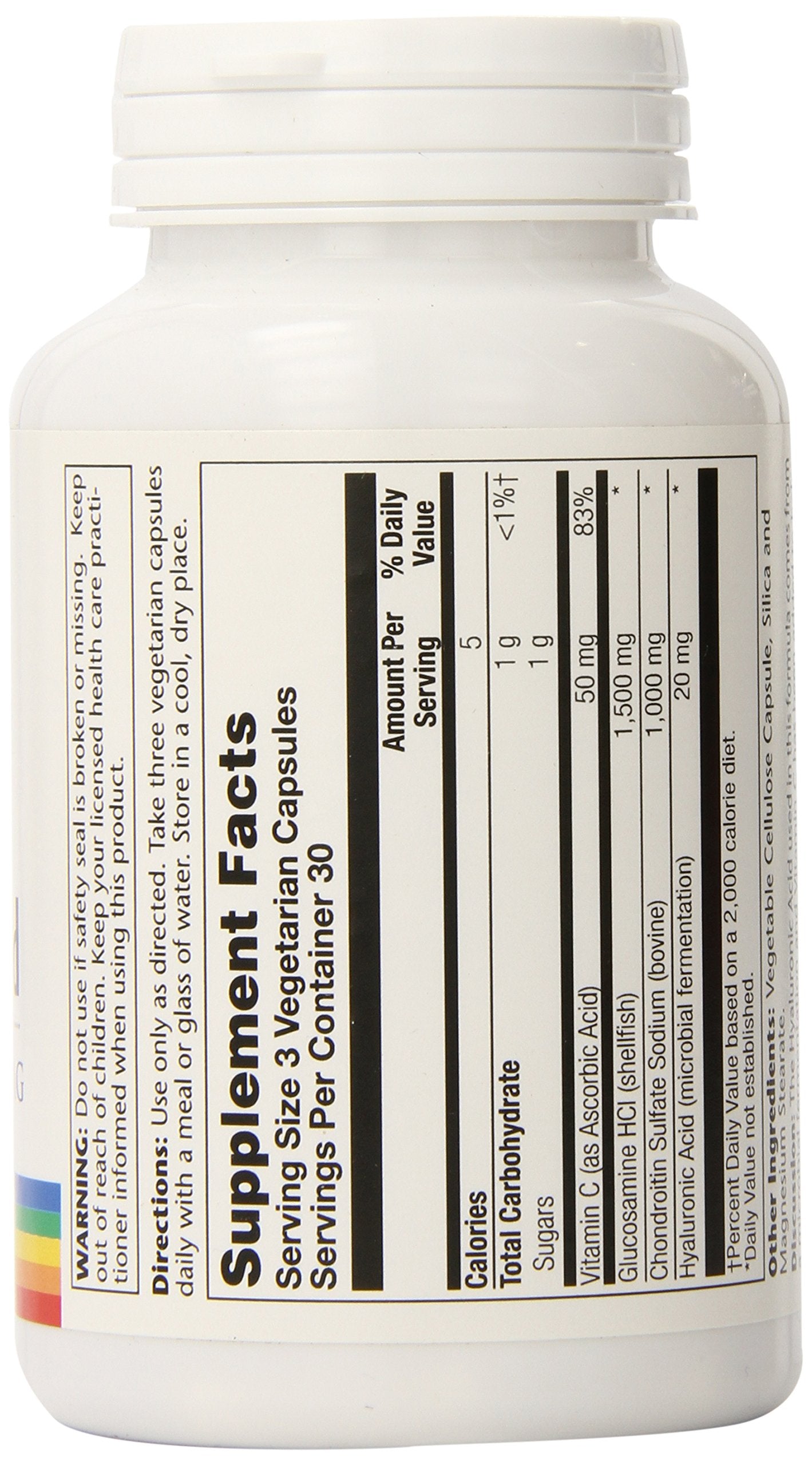 SOLARAY glucosamine chondroitin hyaluronic acid on wood table ready for daily use.