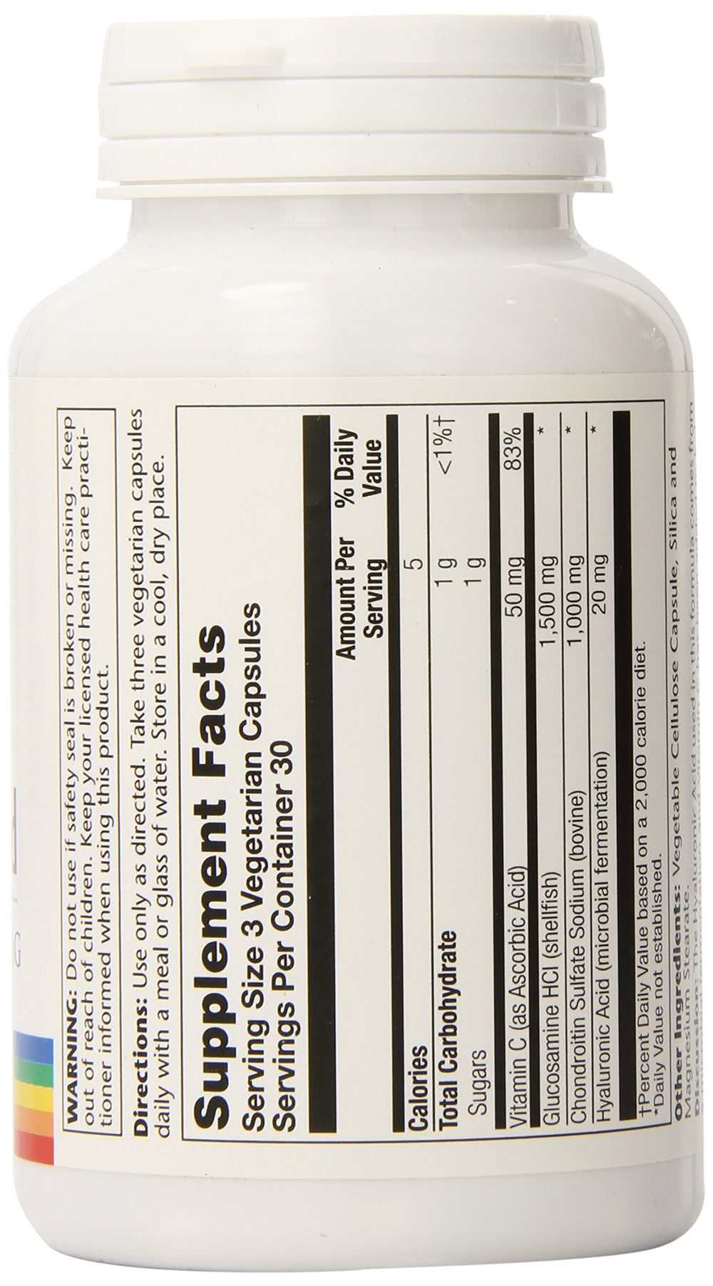 SOLARAY glucosamine chondroitin hyaluronic acid on wood table ready for daily use.